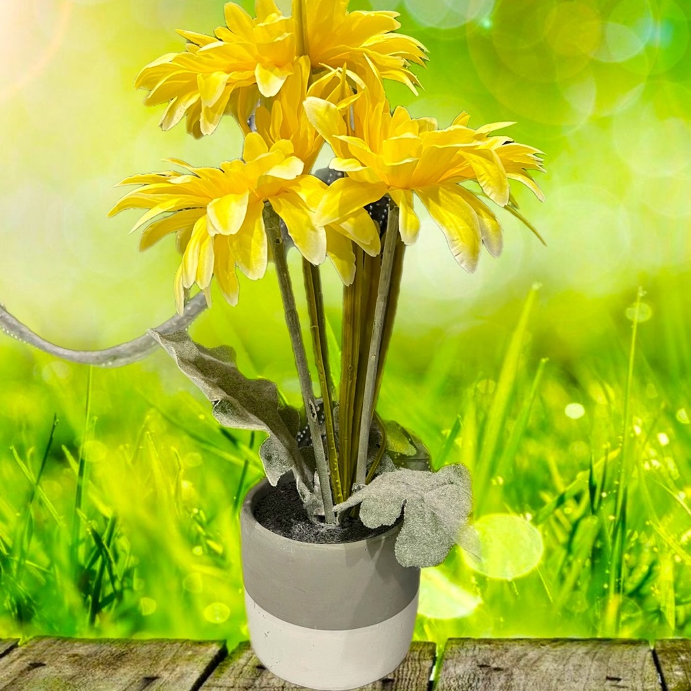 Yellow faux floral with built in grey and white vase